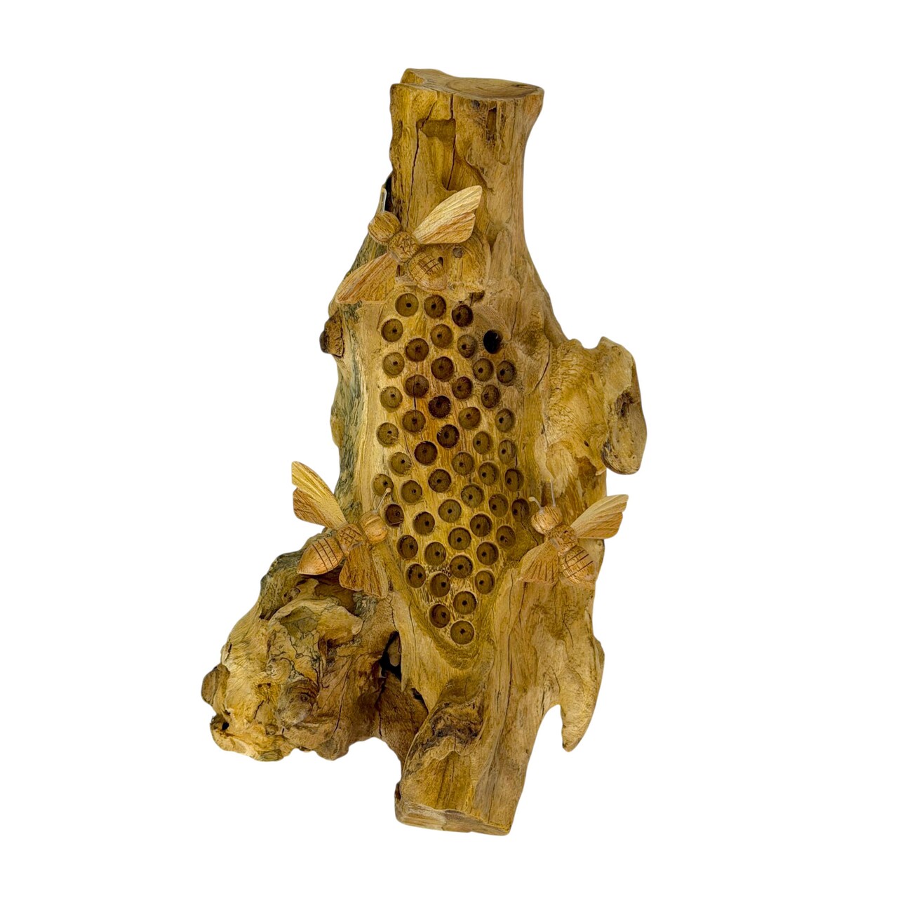 Things2die4 Wood Beehive Wall Sculpture Natural Finish with 3 Removable Bees